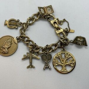 Vintage Charm Bracelet 1960s Tennis Nurse Tree Plane Religious Gold Tone
